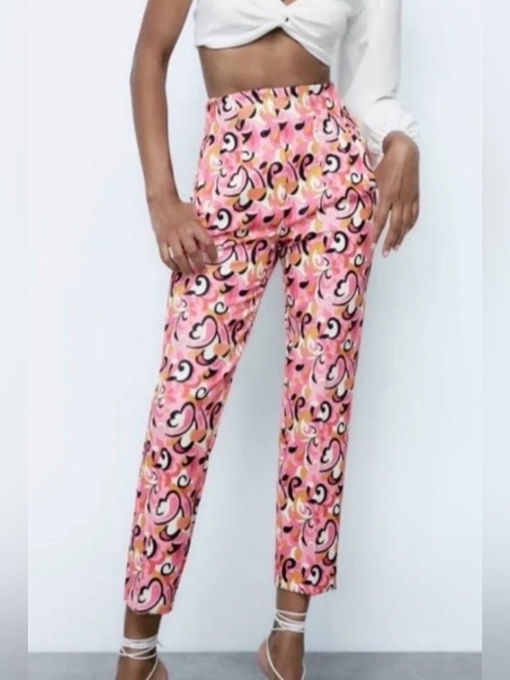 Zara Hot High Waist Trousers Pants Pink Paisley Multi 70's Retro L